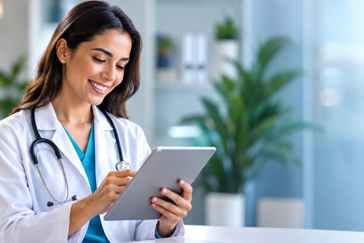 Médica sonriente con bata blanca y estetoscopio usando una tableta (imagen conceptual)