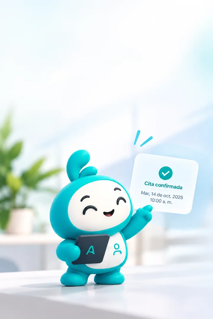 Mascota de Agendoct señalando una cita confirmada (imagen conceptual)
