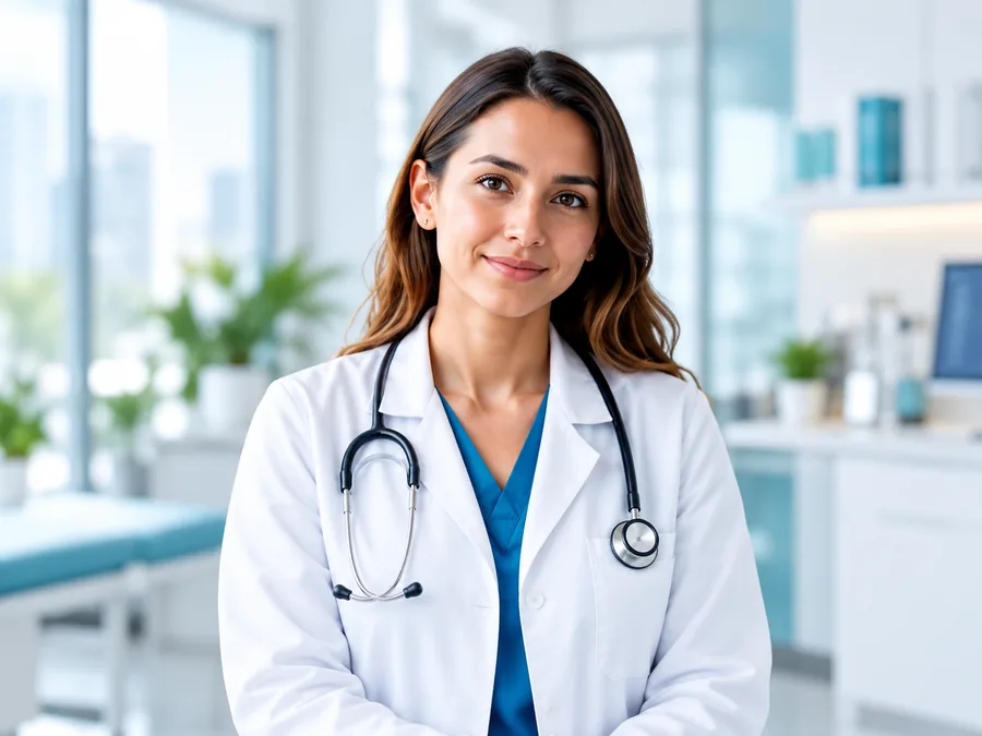 Médica sonriente con bata blanca y estetoscopio en un consultorio (imagen conceptual)